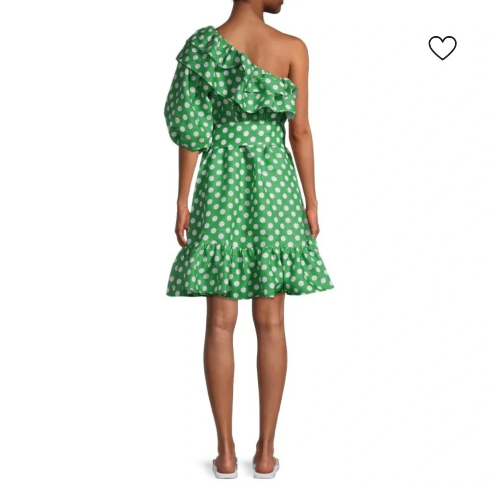 NWT Lisa Marie Fernandez Arden One Shoulder Linen Green & White Polka Dot Dress - Picture 2 of 10